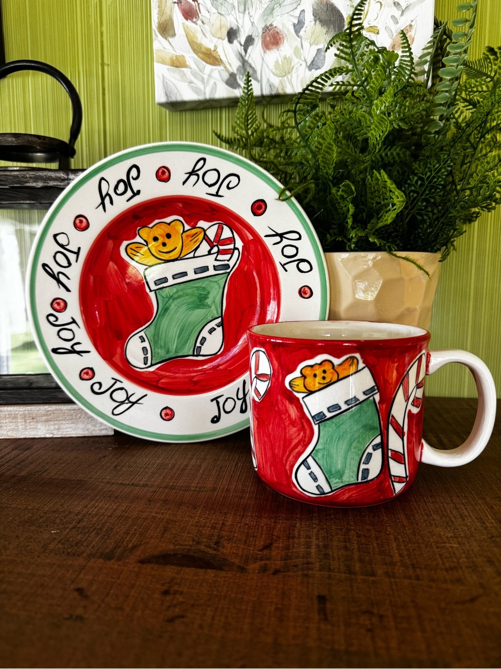 Eddie Bauer Christmas Luncheon Plate Mug Set Hand Painted Stocking Bear Candy